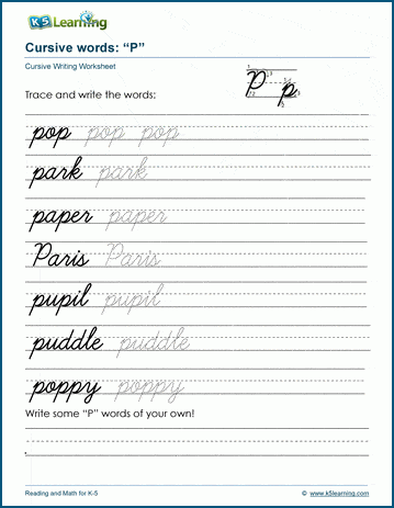Cursive writing worksheet: pracitice words starting with the letter P